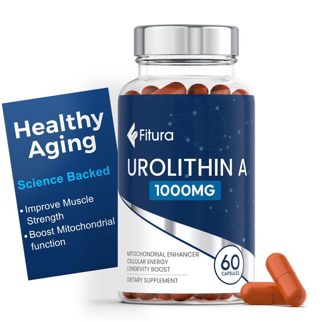 Fitura Urolithin A 1000MG softgels bottle for muscle strength and mitochondrial health, 60 capsules for healthy aging