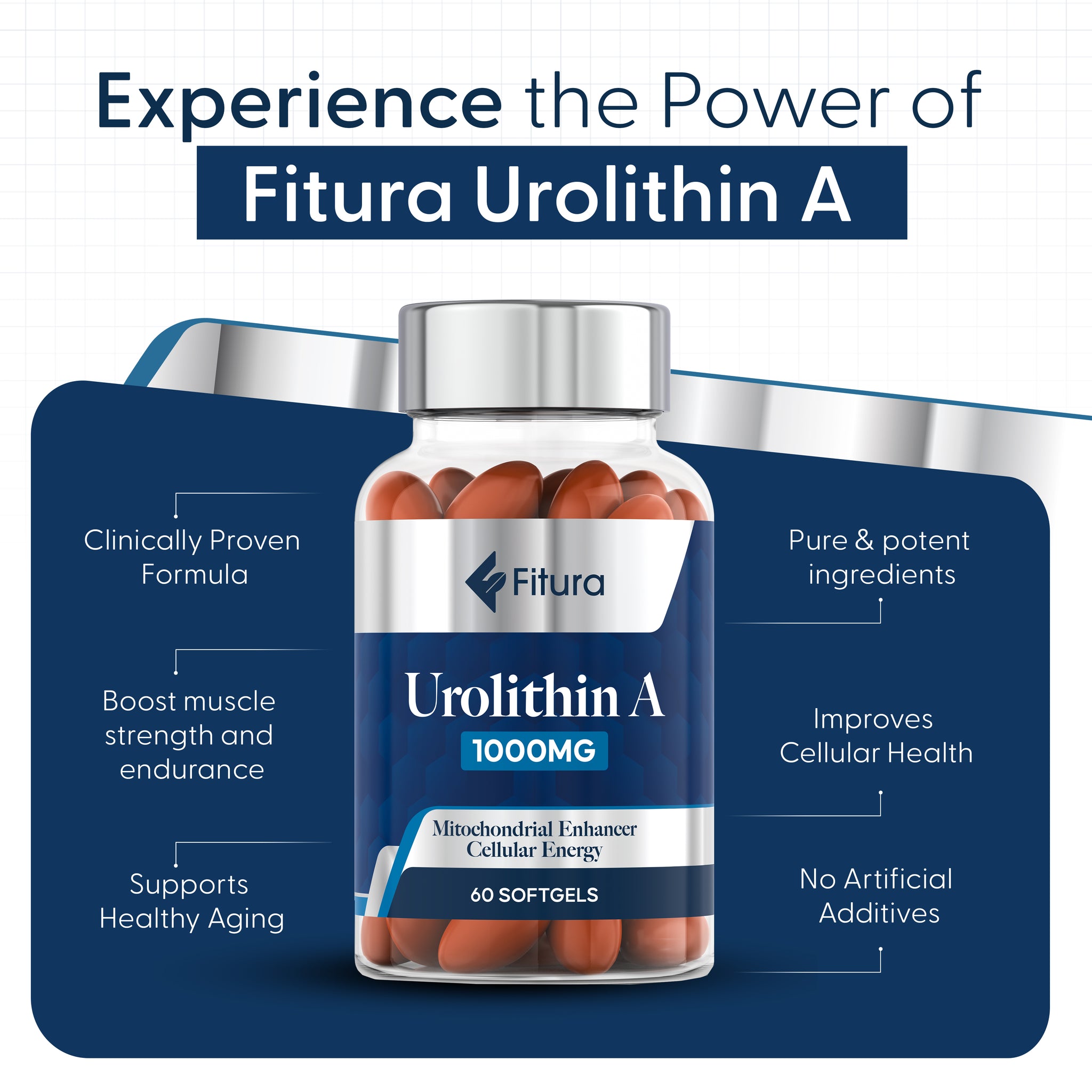 Fitura Urolithin A 1000MG softgels for boosting muscle strength, energy, and mitochondrial health, 60 softgels, clinically proven.