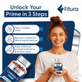 Smiling woman holding Fitura Urolithin A supplement bottle, highlighting steps to unlock vitality with balanced diet and exercise.